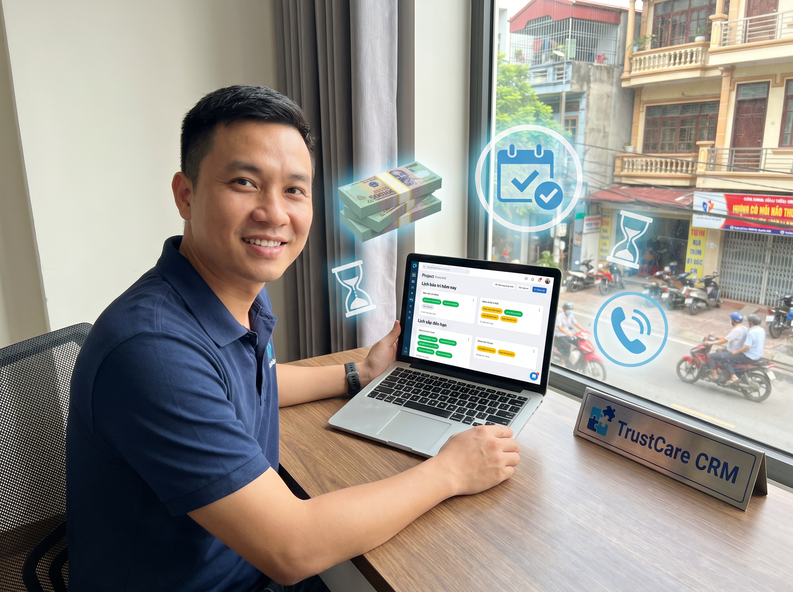 Chủ tiệm dịch vụ sử dụng FASTCARE CRM — không bao giờ quên lịch
